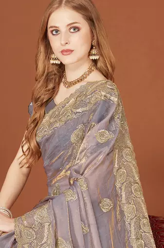 Grey sequin embroidered border fendy two tone silk saree sari