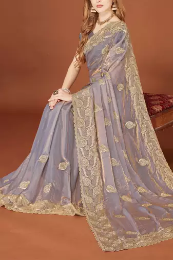 Grey sequin embroidered border fendy two tone silk saree sari
