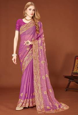 Pink sequin embroidered border fendy two tone silk saree sari 1