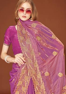 Pink sequin embroidered border fendy two tone silk saree sari 2