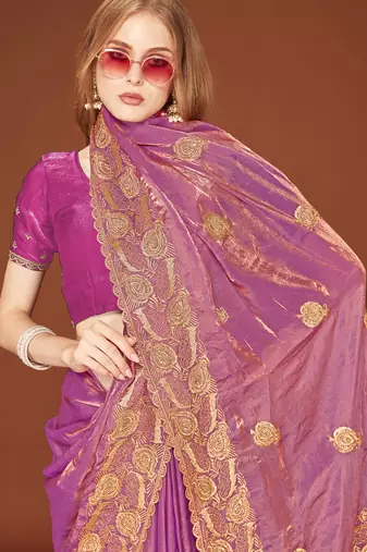 Pink sequin embroidered border fendy two tone silk saree sari