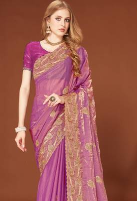 Pink sequin embroidered border fendy two tone silk saree sari 3