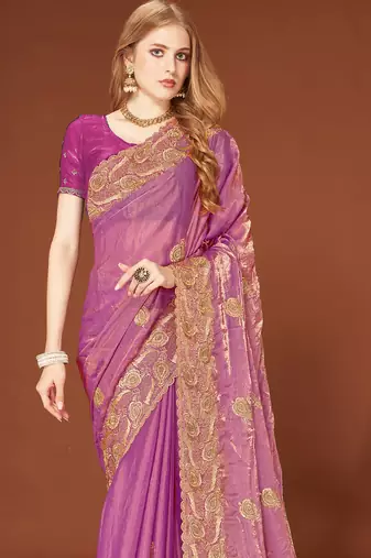 Pink sequin embroidered border fendy two tone silk saree sari