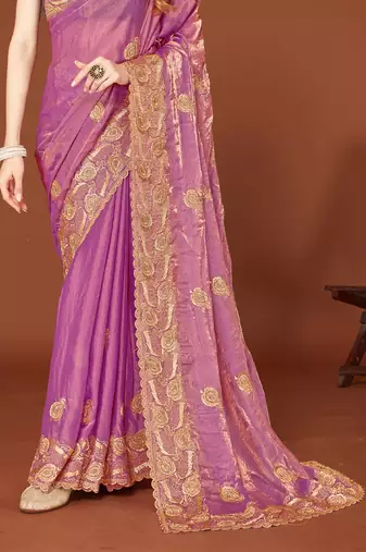 Pink sequin embroidered border fendy two tone silk saree sari