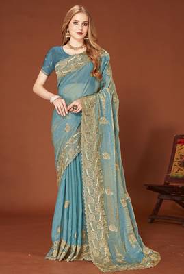 Turquoise sequin embroidered border fendy two tone silk saree sari 1