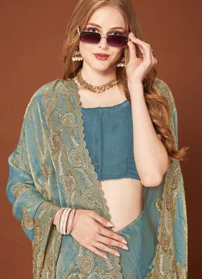 Turquoise sequin embroidered border fendy two tone silk saree sari 2