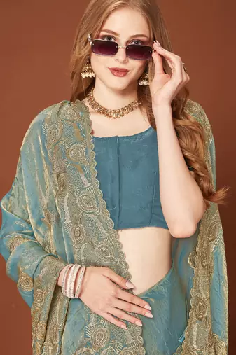 Turquoise sequin embroidered border fendy two tone silk saree sari