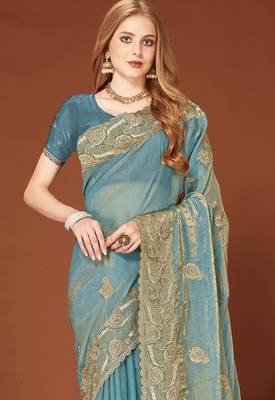 Turquoise sequin embroidered border fendy two tone silk saree sari 3