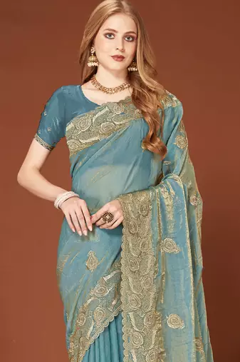 Turquoise sequin embroidered border fendy two tone silk saree sari