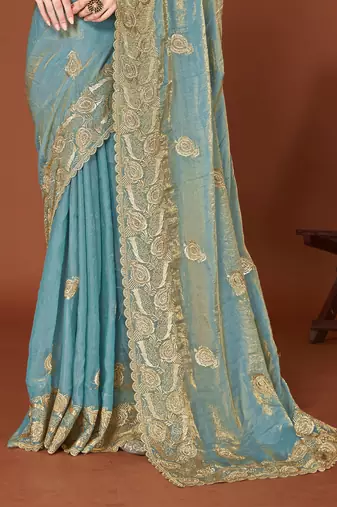 Turquoise sequin embroidered border fendy two tone silk saree sari