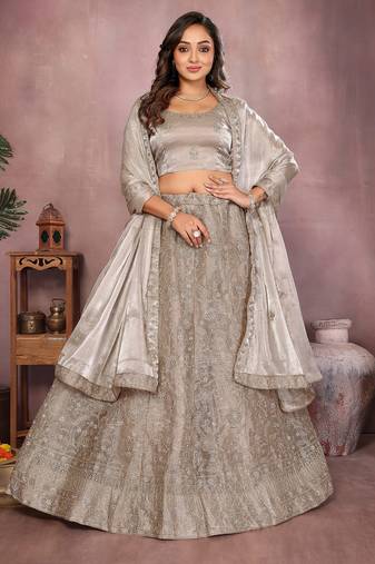 Warm Grey Mulberry Art Silk Zari and Sequin Embroidered Designer Semi stitched Lehenga for women