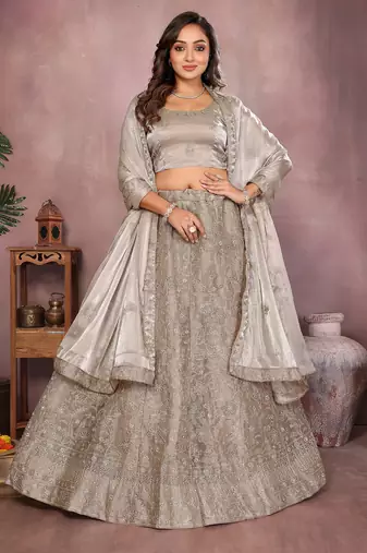 Warm Grey Mulberry Art Silk Zari and Sequin Embroidered Designer Semi stitched Lehenga for women