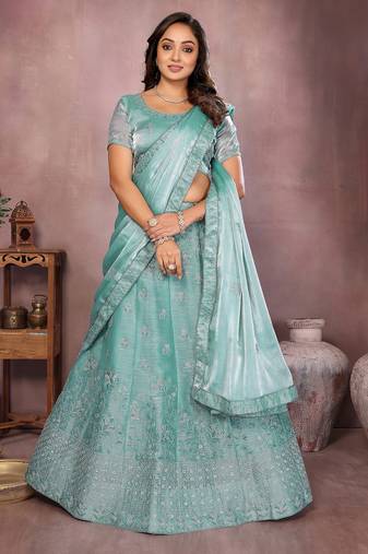 Dusty Teal Mulberry Art Silk Zari and Sequin Embroidered Designer Semi stitched Lehenga for women