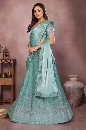 Dusty Teal Mulberry Art Silk Zari and Sequin Embroidered Designer Semi stitched Lehenga for women