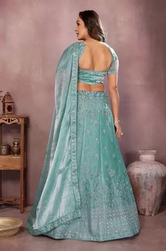 Dusty Teal Mulberry Art Silk Zari and Sequin Embroidered Designer Semi stitched Lehenga for women
