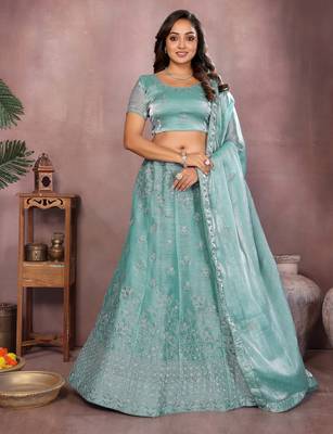 Dusty Teal Mulberry Art Silk Zari and Sequin Embroidered Designer Semi stitched Lehenga for women 4