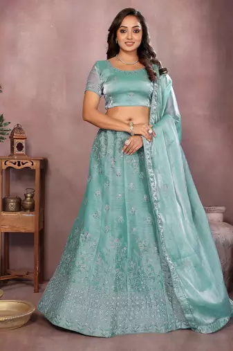 Dusty Teal Mulberry Art Silk Zari and Sequin Embroidered Designer Semi stitched Lehenga for women