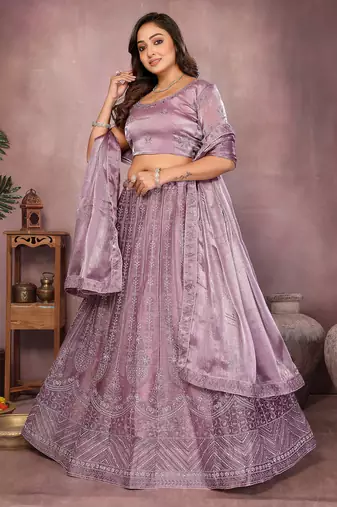 Dusky Purple Mulberry Art Silk Zari and Sequin Embroidered Designer Semi stitched Lehenga for women