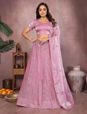 Daisy Pink Mulberry Art Silk Zari and Sequin Embroidered Designer Semi stitched Lehenga for women 1
