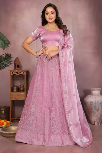 Daisy Pink Mulberry Art Silk Zari and Sequin Embroidered Designer Semi stitched Lehenga for women