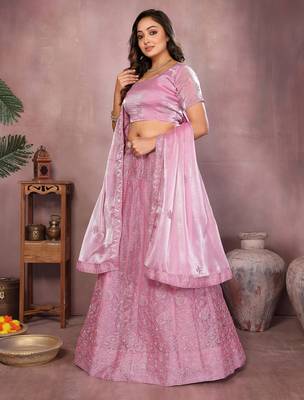 Daisy Pink Mulberry Art Silk Zari and Sequin Embroidered Designer Semi stitched Lehenga for women 2