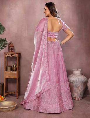Daisy Pink Mulberry Art Silk Zari and Sequin Embroidered Designer Semi stitched Lehenga for women 3