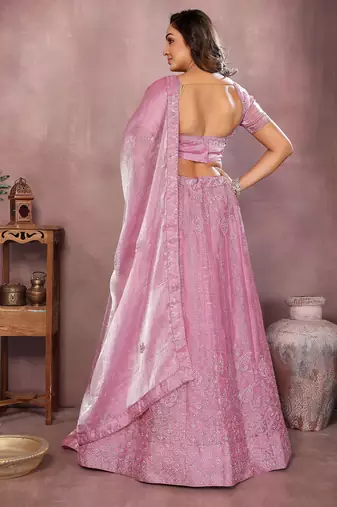 Daisy Pink Mulberry Art Silk Zari and Sequin Embroidered Designer Semi stitched Lehenga for women