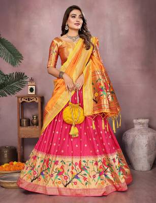 Pink Jacquard Silk Zari Weaving Designer Stitched Paithani Lehenga for women 1