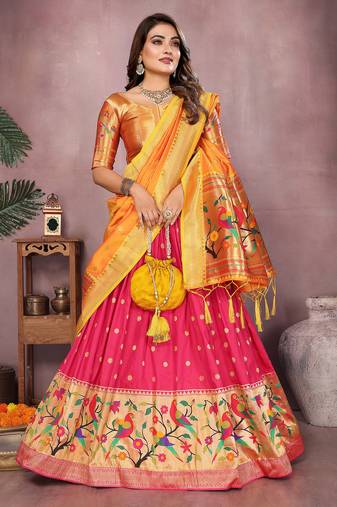 Pink Jacquard Silk Zari Weaving Designer Stitched Paithani Lehenga for women