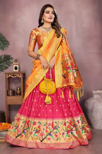 Pink Jacquard Silk Zari Weaving Designer Stitched Paithani Lehenga for women