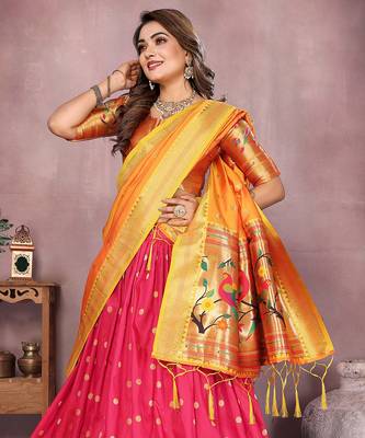Pink Jacquard Silk Zari Weaving Designer Stitched Paithani Lehenga for women 2