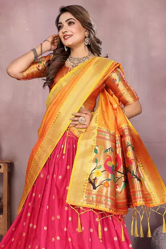 Pink Jacquard Silk Zari Weaving Designer Stitched Paithani Lehenga for women