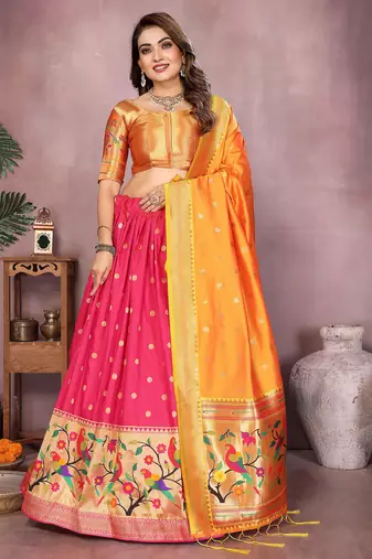Pink Jacquard Silk Zari Weaving Designer Stitched Paithani Lehenga for women