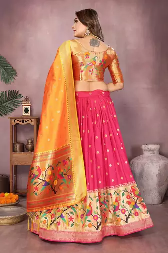 Pink Jacquard Silk Zari Weaving Designer Stitched Paithani Lehenga for women