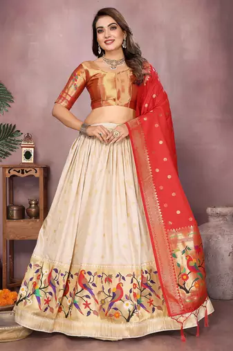 Cream Jacquard Silk Zari Weaving Designer Stitched Paithani Lehenga for women