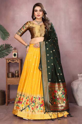 Yellow Jacquard Silk Zari Weaving Designer Stitched Paithani Lehenga for women