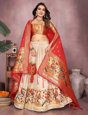 Cream Jacquard Silk Zari Weaving Designer Stitched Paithani Lehenga for women 2