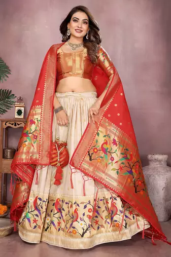 Cream Jacquard Silk Zari Weaving Designer Stitched Paithani Lehenga for women