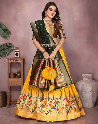 Yellow Jacquard Silk Zari Weaving Designer Stitched Paithani Lehenga for women 2