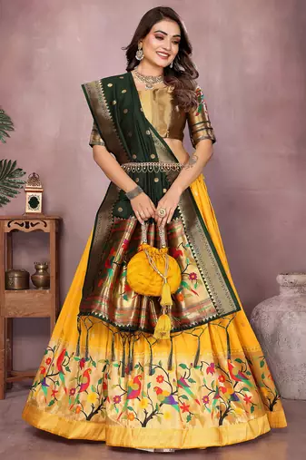 Yellow Jacquard Silk Zari Weaving Designer Stitched Paithani Lehenga for women