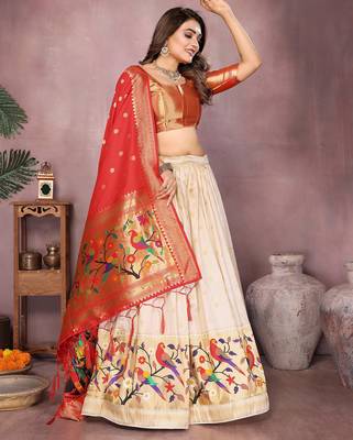 Cream Jacquard Silk Zari Weaving Designer Stitched Paithani Lehenga for women 3