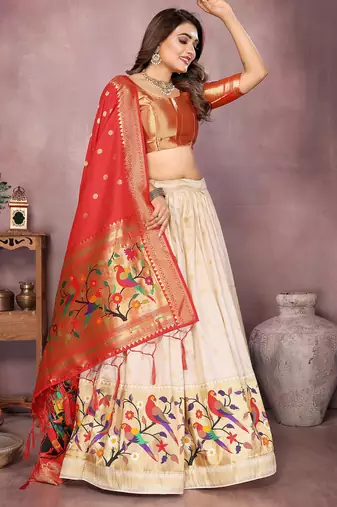 Cream Jacquard Silk Zari Weaving Designer Stitched Paithani Lehenga for women
