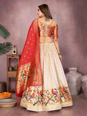 Cream Jacquard Silk Zari Weaving Designer Stitched Paithani Lehenga for women 4