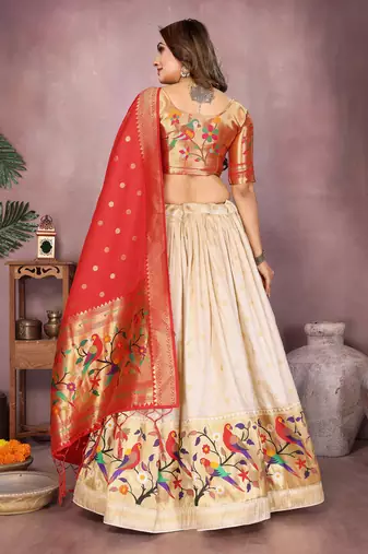 Cream Jacquard Silk Zari Weaving Designer Stitched Paithani Lehenga for women