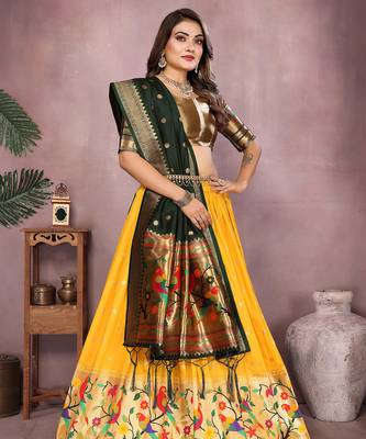 Yellow Jacquard Silk Zari Weaving Designer Stitched Paithani Lehenga for women 3