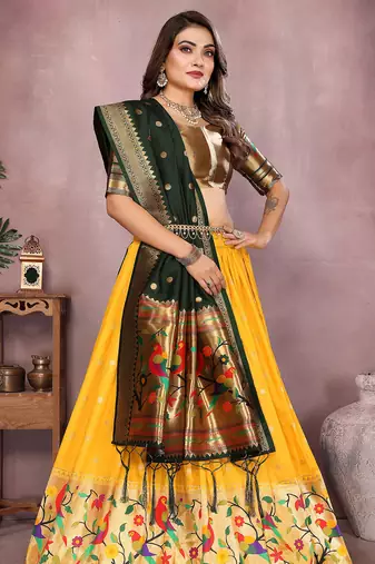 Yellow Jacquard Silk Zari Weaving Designer Stitched Paithani Lehenga for women