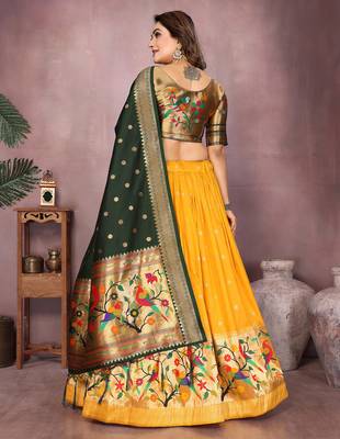 Yellow Jacquard Silk Zari Weaving Designer Stitched Paithani Lehenga for women 4