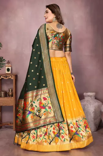 Yellow Jacquard Silk Zari Weaving Designer Stitched Paithani Lehenga for women