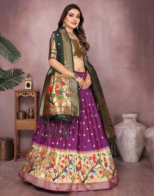 Pansy Purple Jacquard Silk Zari Weaving Designer Stitched Paithani Lehenga for women 3