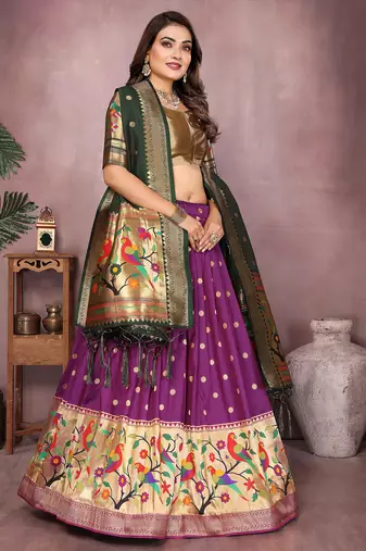 Pansy Purple Jacquard Silk Zari Weaving Designer Stitched Paithani Lehenga for women